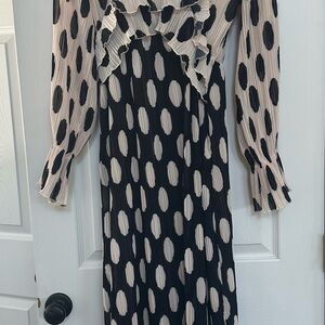 Nasty Gal Black and Cream pleated Polka Dot Long Sleeve Dress
